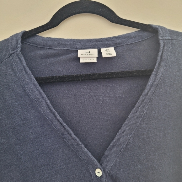 H Halston Navy Linen Short Sleeve Button Front Cardigan - Picture 2 of 13